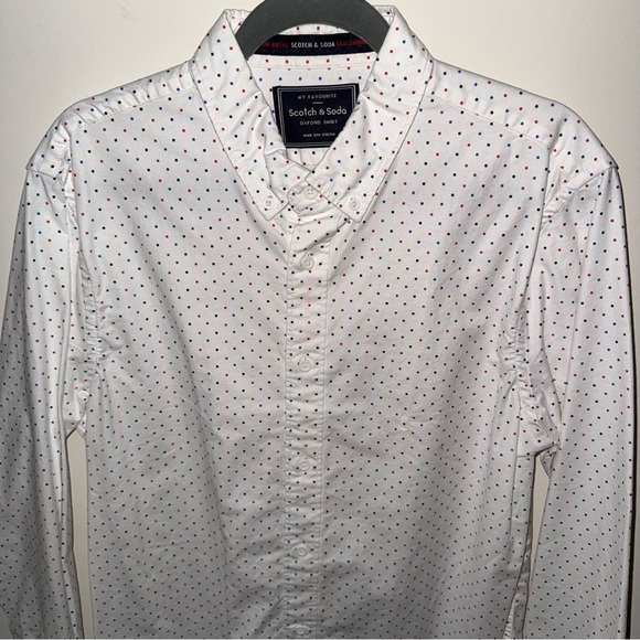 Scotch and Soda Men's Red, White, and Blue Polka Dot Oxford Dress Shirt - Picture 3 of 11